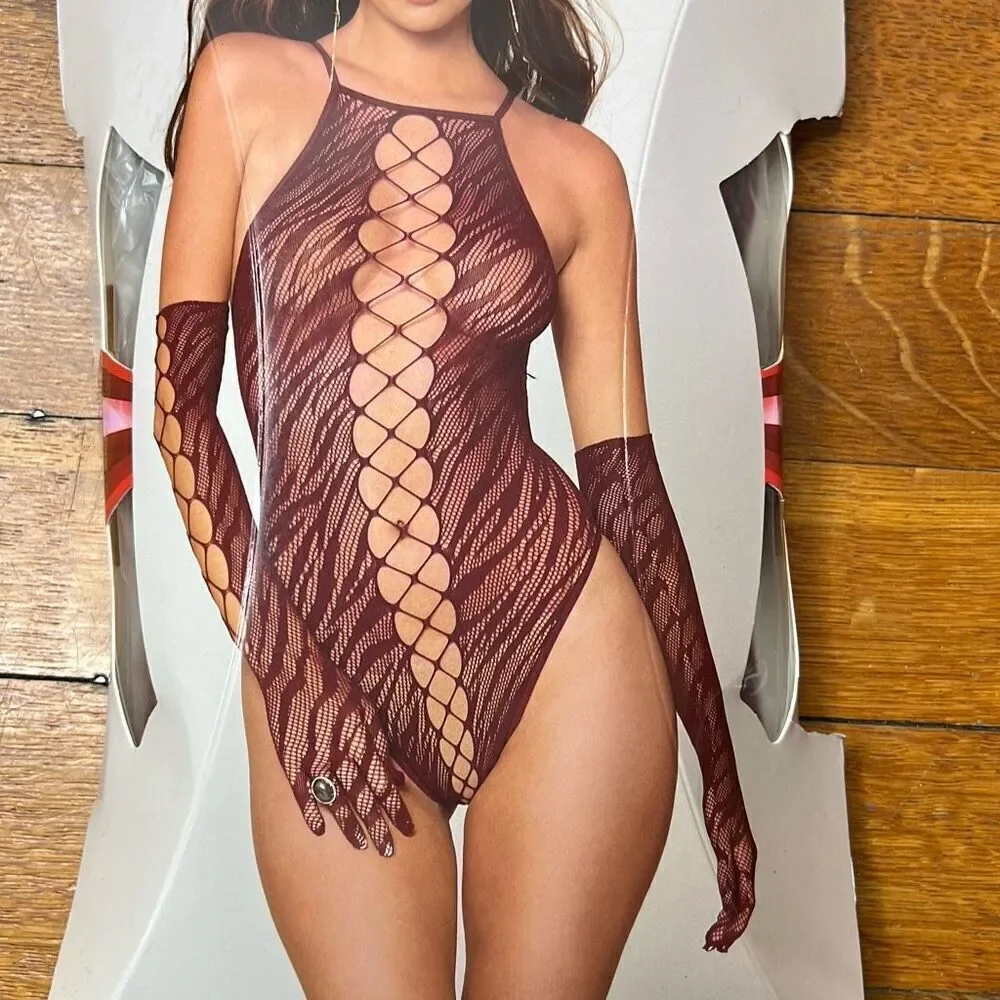 Dreamgirl Seamless Zebra Fishnet Teddy And Glove Set Burgundy One Size New
